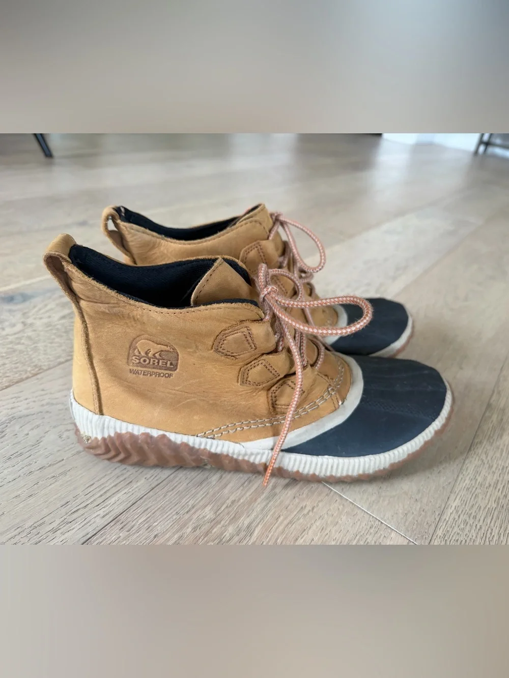 Sorel Kids Tan and Black Waterproof Lace-Up Duck Boots